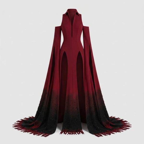 The Empress – Red Off-Shoulder Leg-Slit Maxi Dress - Couture Dresses category